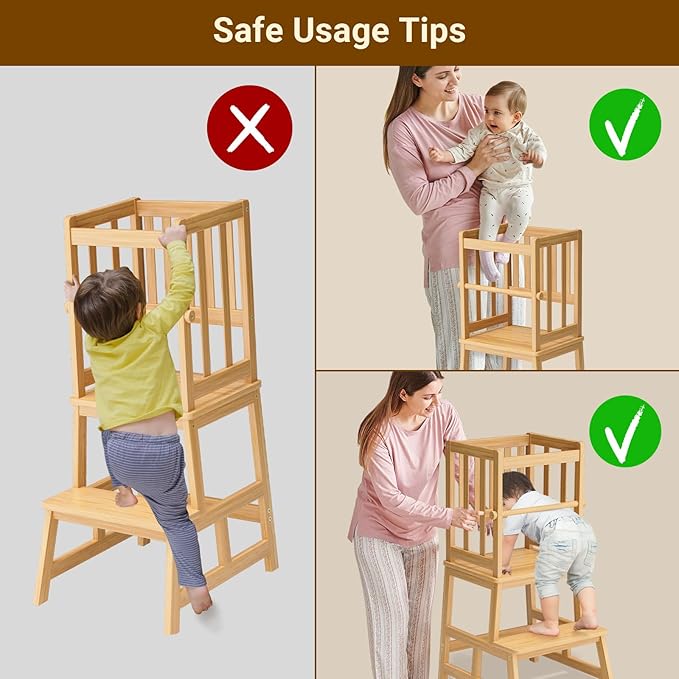 COSYLAND Kitchen Step Stool for Toddlers – Stable A-Frame Design Kids Standing Tower with Protective Crossbar – Wooden Learning Stool for Kitchen Island Counter, Bathroom (Natural)