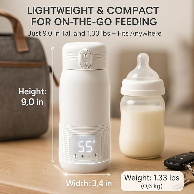 Portable Bottle Warmer for Travel – 12oz Portable Milk Warmer for Travel, LED Display, 3-Min Fast Heating, 10H Battery Life Leakproof for Breastfeeding, Formula, Camping Car Use (White, 12 oz)