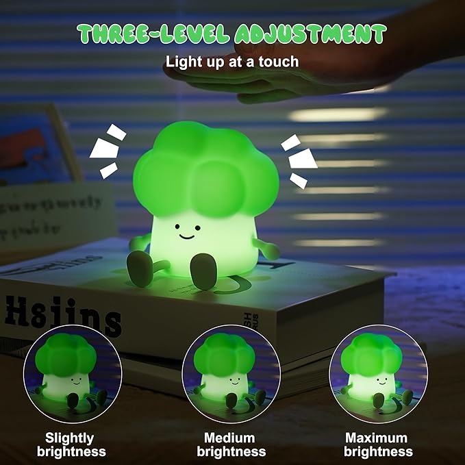 Cute Broccoli Night Light, LED Squishy Novelty Baby Night Lamp, 3 Levels Dimmable Timer Nursery Nightlight for Kids, Rechargeable Touch Bedside Lamp, Bedroom Dorm Decor, Baby Boys Girls Gifts