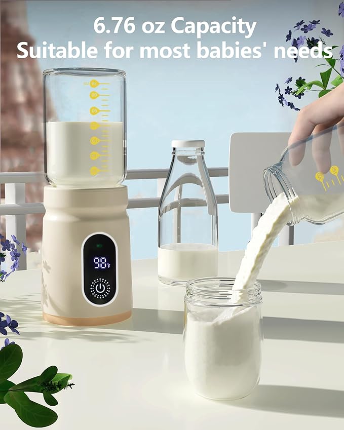 Portable Bottle Warmer,Travel Baby Bottle Heater, Rechargeable Milk Warmer with Glass Bottle for Storing Breastmilk Formula, Quick Heating 4-Level Temperature & Automatic Warm-Keeping