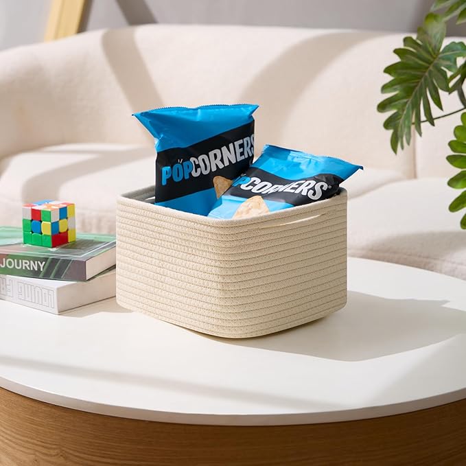Small Organizing Baskets for Cubes Shelf, 9.7x9.7x7.1 Inch Rope Woven Storage Bins for Nursery Shelves Storage, Cute Toy Basket, Square 3 Packs Beige