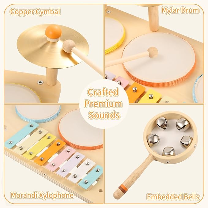WINGYZ Drum Set for 1 Year Old Toddlers – 10 in 1 Wooden Baby Musical Toys for Kids with Drums, Xylophone, Cymbals, Bell & Tone Block, Montessori Music Instruments Gift for Ages 1-3 2-5