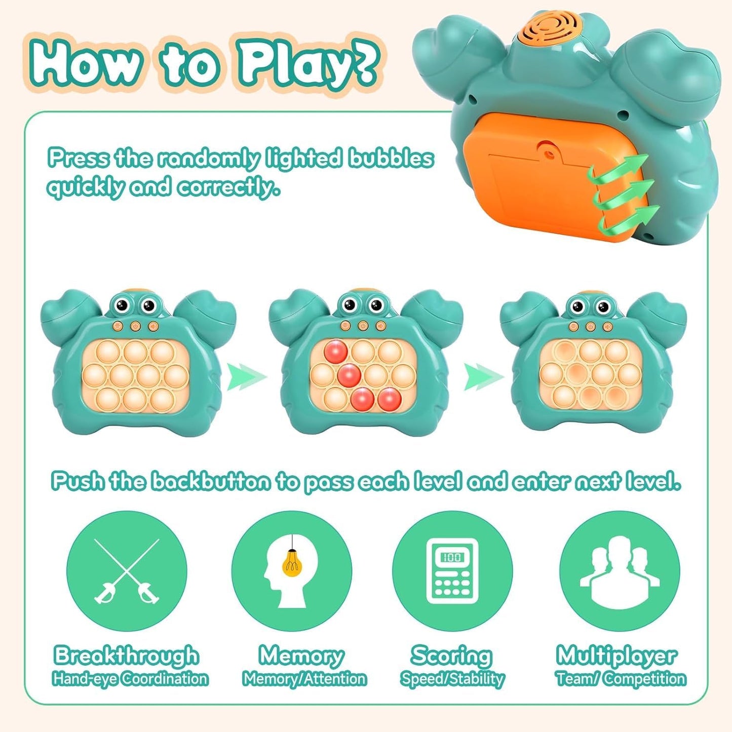 Fast Push Bubble Game for Kids & Adults, Quick Push Pop Toys with Sound & Light, Pop Sensory Fidget Toy for Kids 8-12, Brithday for 5 6 7 8 9 & Up Boys Girls (Crab-Orange)