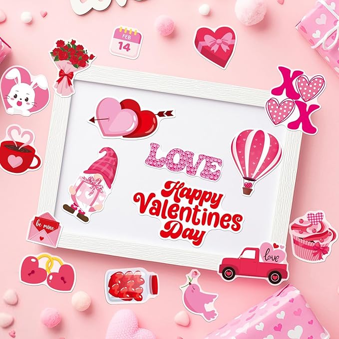 MARFOREVER 50 PCS Valentine's Day Gel Window Clings Stickers Reusable Cartoon Heart Love Rose Thick Gel Clings Decals for Valentine's Day Kids Classroom Party Window Glass Decoration