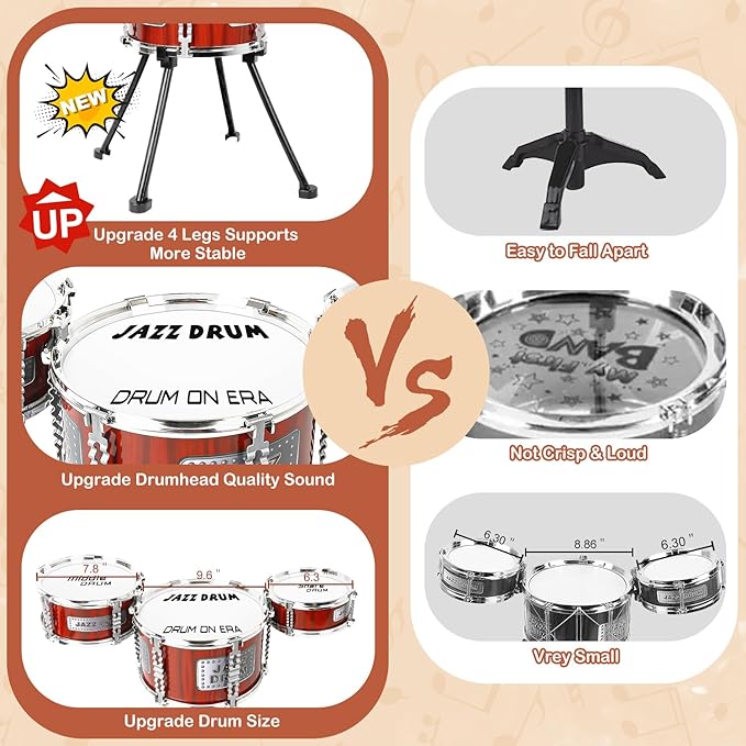 Kids Drum Set Music Toy Drum Set for Toddlers Ages 3-5 Jazz Drums Kit with Stool, 3 Drums Percussion Musical Instruments Toys for 3 4 5 Year Old Boys Girls Gifts