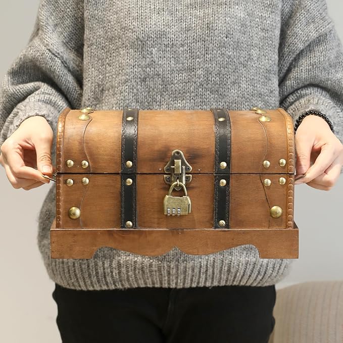Vintage Wooden Treasure Chest Decorative Box with Lock - 12.2" x 7.1" x 7.1", Brown