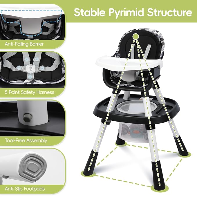 15 in 1 Convertiable High Chair for Babies and Toddlers, 2 in 1 Highchair & Activity Center w/Toys, Booster Seat, Toddler Chair w/5-Point Harness & Removable Tray & 2-Layer Cusion (Black)