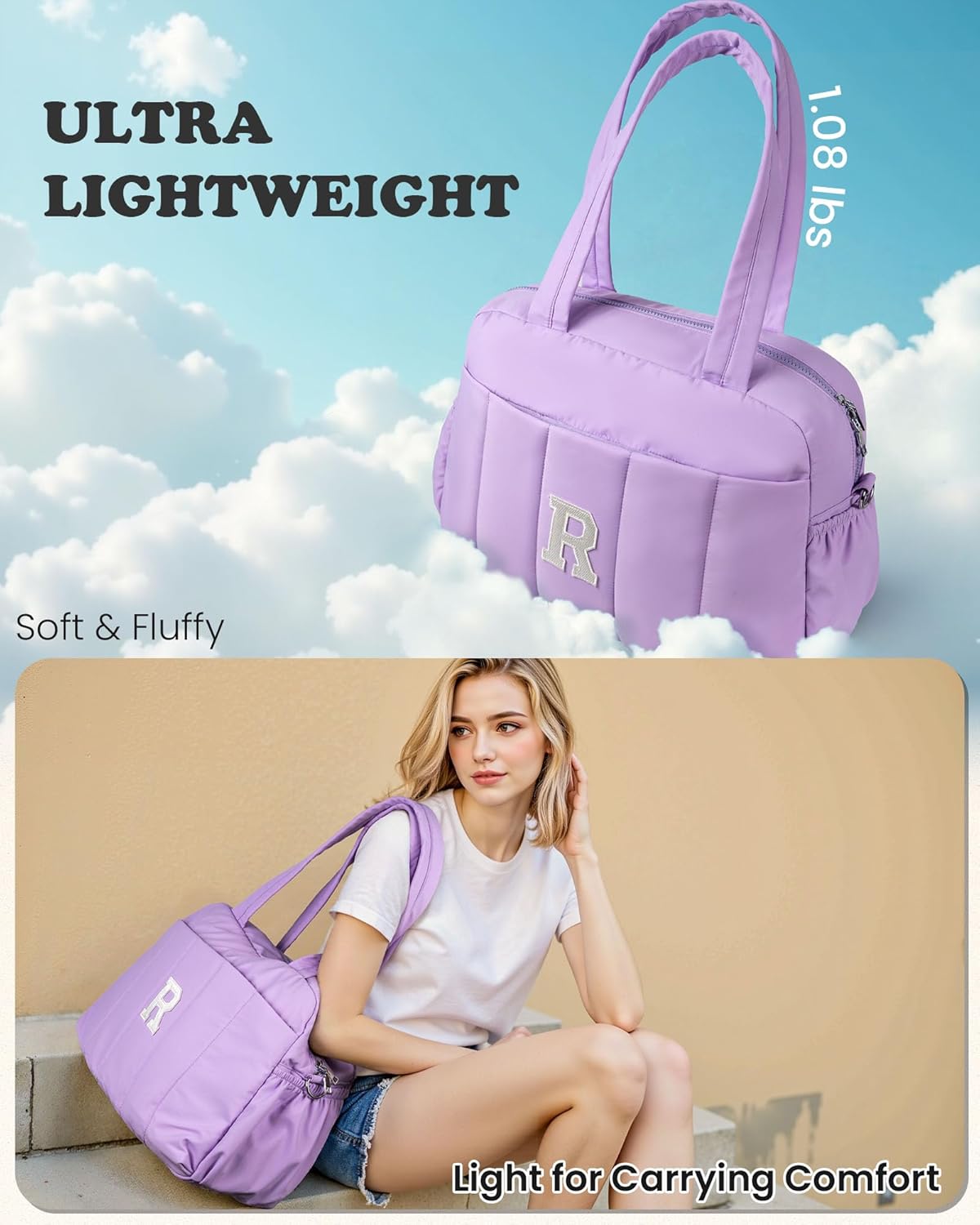 Birthday Gift for Women Girl-Initial Duffle Bag, Carry On Bags for Women，Overnight Bag with Wet Pocket，Lightweight Travel Bags Personalized Gym Tote with Makeup Pouch