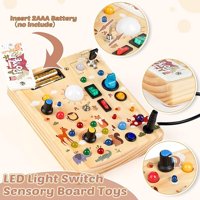 Joyreal Wooden Busy Board with LED Light, Montessori Toddler Toys, Wooden Sensory Board, Toddlers Activity Travel Toys for Boy & Girl Birthday Gift (Forest Theme)