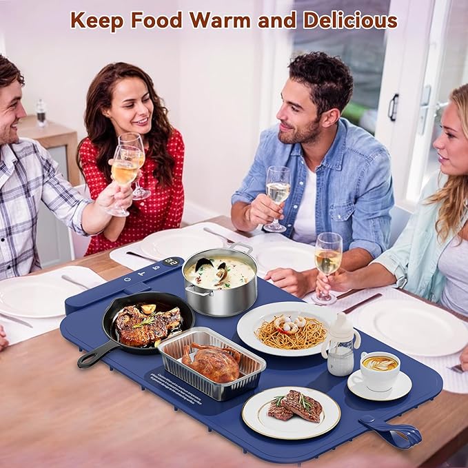 Upgrade Graphene Food Warming Mat - Full Surface Rapid Heating Electric Warming Tray for Countertop, Waterproof Food Warmers for Parties Buffet with 6 Temp Modes, Gifts for Mom (Blue)