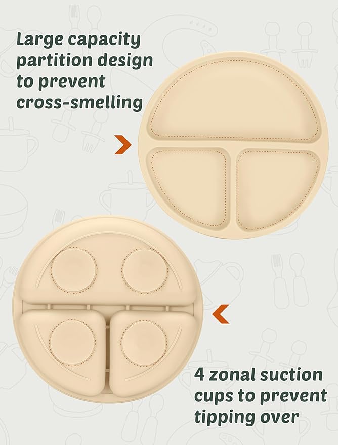 Silicone Baby Feeding Set 9 Pcs, Spill-Proof Suction Plate, Bowl, Bib, Silicone spoon&forks, Wooden Spoons&forks, Training cup with straw and Sippy Cup, Baby Eating Utensils (Beige)