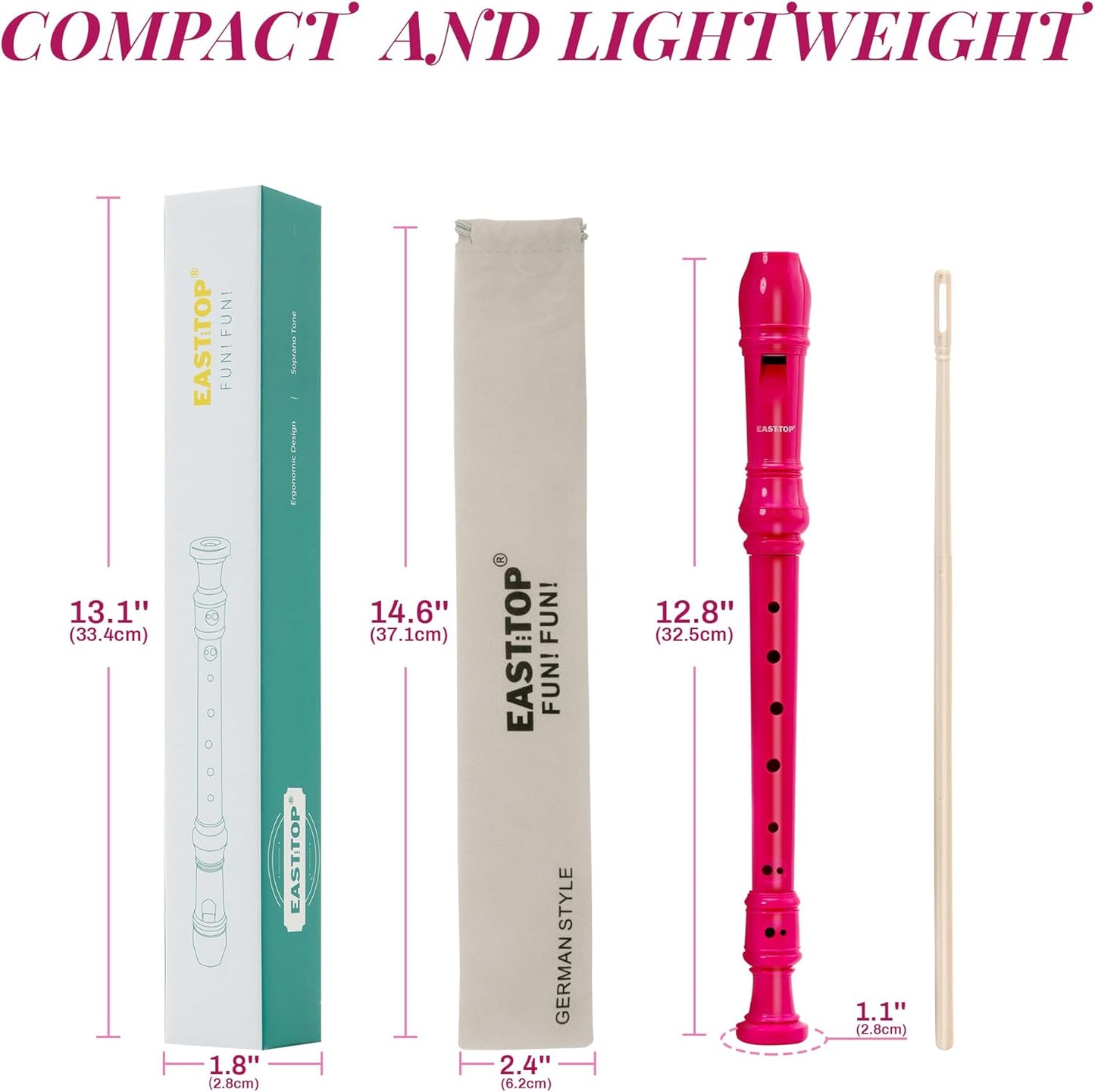 EAST TOP Soprano Recorder for Kids Beginners, 8 Hole Plastic German Fingering Flute Recorder 3 Piece with Cleaning stick, Cotton pouch, Fingering Chart, Colorful box (Hot Pink)