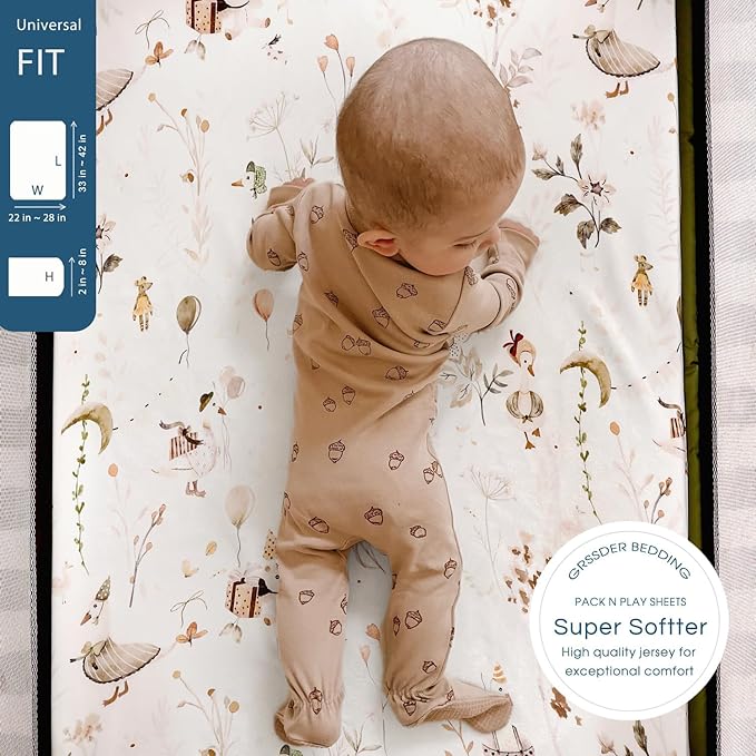 Stretchy Ultra Soft Jersey Knit Fitted Pack and Play Sheets Set 3 Pack, Portable/Mini Crib Sheets for Boys and Girls, Universal Fit for Pack N Plays Safe and Snug, Stylish Pattern of Duck Happy Party