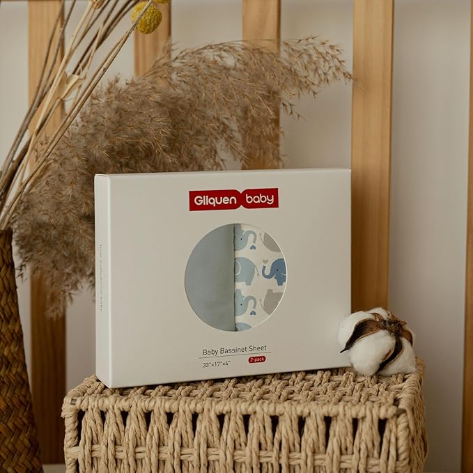Gllquen Baby Bassinet Sheets 2 Pack, 100% Organic Cotton Bassinet Fitted Sheets for Girls Boys, Soft & Breathable Unisex Baby Mattress Sheet for Standard Bassinets 33"x17"(Blue)