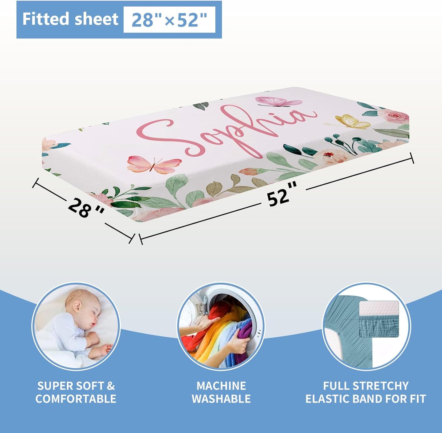 Personalized Baby Crib Bedding Set, 5 Pcs Custom Baby Crib Sets with Name, Double Layer Butterfly Nursery Bedding Set for Girls, Soft Flannel Baby Bedding Set, Toddler Infant Customized Gift