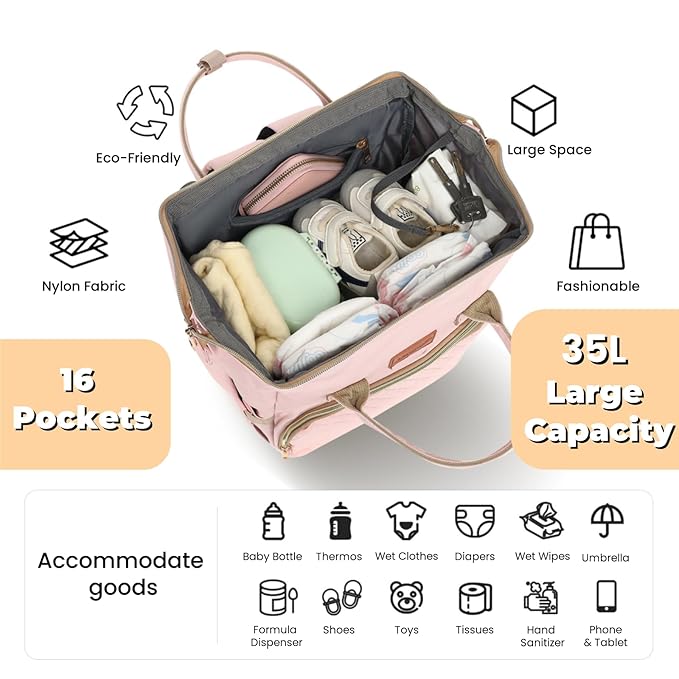 Pink Diaper Bag Backpack for Baby Girls - Baby Shower Gifts for Mom, Quilted Diaper Bag with Changing Pad, Pacifier Case, Insulated Pockets, Stroller Straps, 35L Large Capacity - Cute