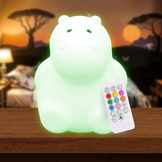 LumiPets Honey the Hippo Silicone Night Light for Kids | Squishy Lamp with Tap & Remote Control | Rechargeable, 9 Color Changing Animal Night Light for Boys & Girls | Portable Nightlight With USB Cord