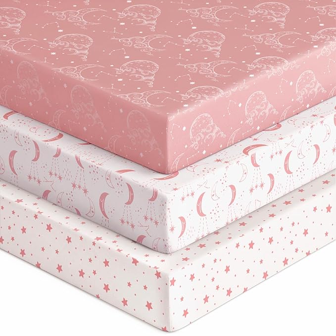 Baby Crib Sheets for Boys Girls, 28x52x8in Fitted Crib Sheet Neutral 3 Pack for Standard Crib and Toddler Mattress, Breathable Soft Microfiber Baby Sheet Pink White Moon