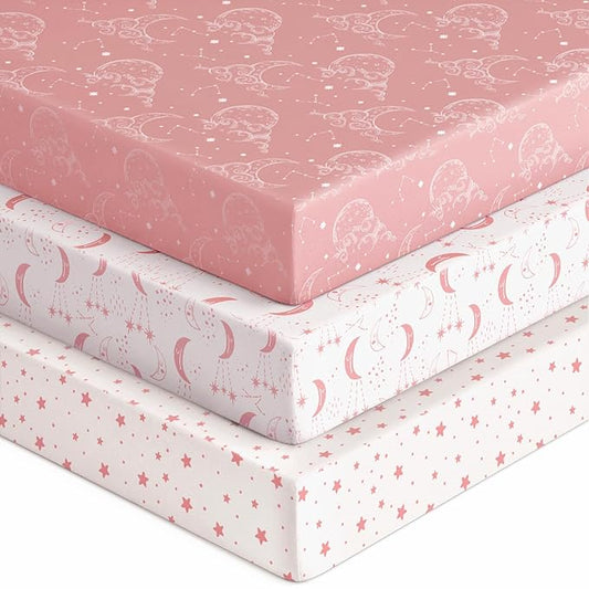 Baby Crib Sheets for Boys Girls, 28x52x8in Fitted Crib Sheet Neutral 3 Pack for Standard Crib and Toddler Mattress, Breathable Soft Microfiber Baby Sheet Pink White Moon