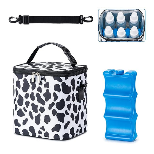 Breastmilk Cooler Bag with Ice Pack Fits 6 Baby Bottles Up to 9 Ounce, Baby Bottle Bag with Shoulder Strap for Nursing Mom Daycare, Cow