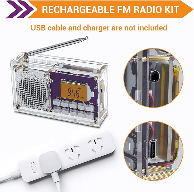 ICSTATION DIY Radio Kit - FM Assemble Kit with Time Display, Rechargeable, 87-108MHZ, No Soldering Required, Assembly Project for Adults & Students, STEM Education