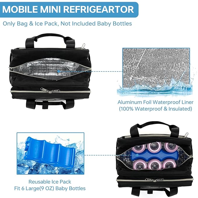 Breast Milk Cooler Bag with Ice Pack,Fits 6 Baby Bottles Up to 9 Ounce Breast Milk Cooler Travel Bag Compatible with Wearable Breast Pumps & Accessories for Nursing Mom Daycare Black