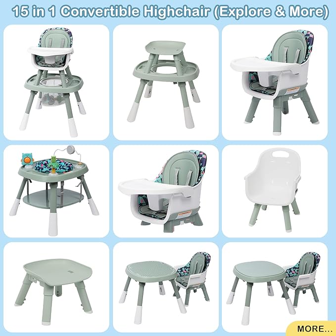 Xilingol 15-in-1 Convertible High Chair, 2-in-1 Baby Highchair & Activity Center W/Toys, Booster Seat | Building Block Table | Toddler Chair W/Removable Tray & 5-Point Harness & 2-Layer Cushion(Green)