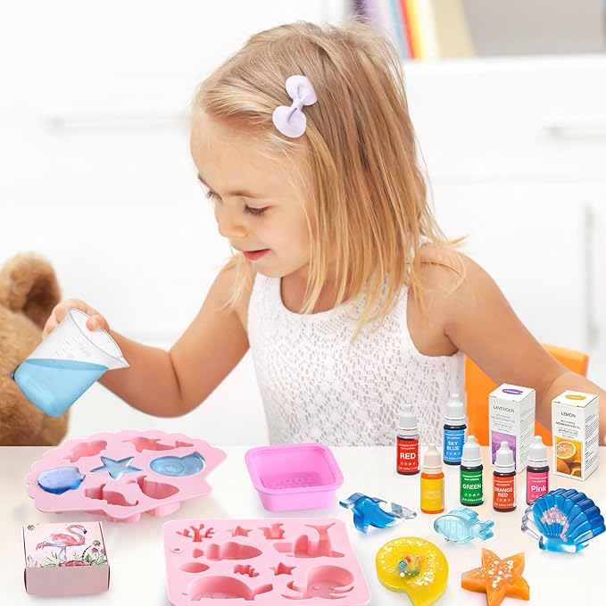 Golray Mermaid Soap Making Craft Kit Kids Toy, 18 Model, 6 Ink, 2 Essential Oil Supply, Art and Craft for Kid Girl Age 8-12 Year Old Ocean Animal Toy Birthday Gift, DIY Science Kits (Create 16+pcs)