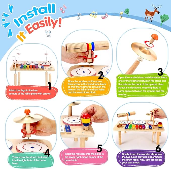 WINGYZ Baby Drum Set – 9-in-1 Wooden Musical Instruments for Toddlers 1-3, Montessori Music Toys with Xylophone, Drum, Cymbal & Tone Block, Early Learning Gift for Boys and Girls