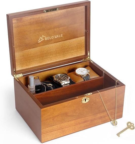 Premium Acacia Keepsake Box, Lockable Hand-Crafted Memory Box For Keepsakes with Removable Compartment,Wooden Decorative Box & Storage Box with Hinged Lid for Gift.