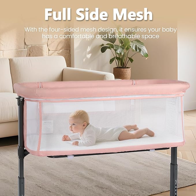Kinder King Baby Bassinet w/Wheels, Folding Portable Newborn Bedside Sleeper, All-Sided Mesh Infant Crib, Adjustable Height, Removable Soft Mattress, No Tool to Assemble, Pink