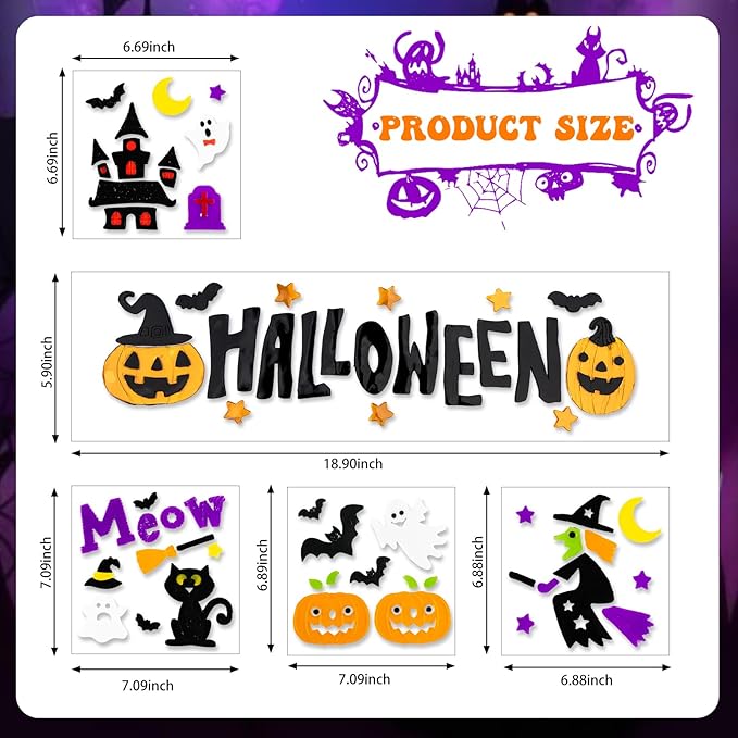 5 Pcs Halloween Window Clings Gel, Decorations for Office, Classroom, Refrigerator - Stickers for Windows (Witch)