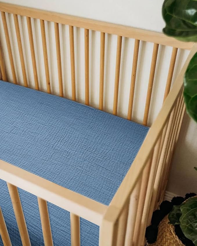 Mini Crib Sheets for Baby, Fitted Pack N Play Mattress and Mini Cribs 24" x 38", Neutral Muslin Cotton Mini Crib Mattress Sheet with Boho Style, Soft and Breathable Comfort (Blue)