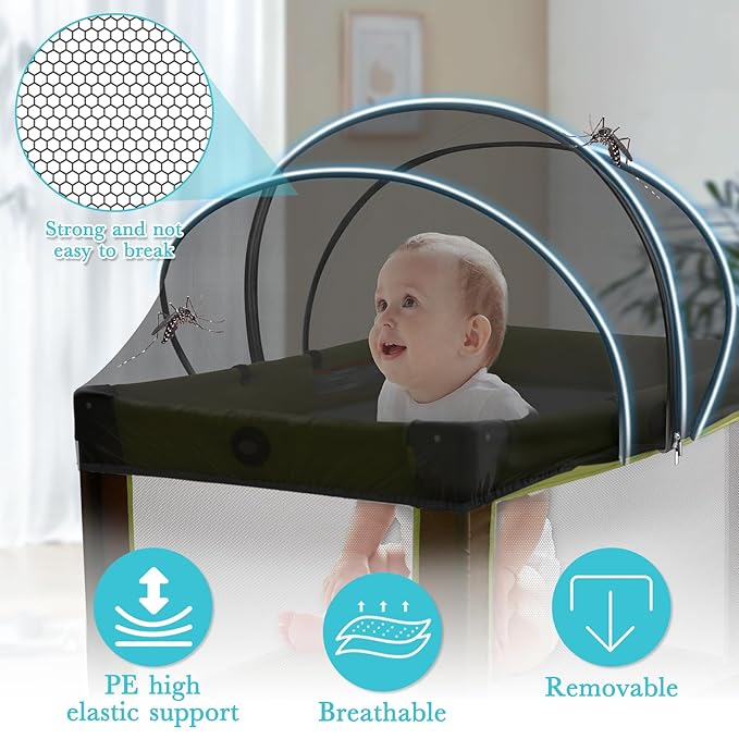 Pack N Play Tent Cover - Bassinet Cover for Pack N Play/Travel Crib/Mini Crib/Playpen, Bassinet Mosquito Net Cover with Two-Way Zippers (Black-Large)