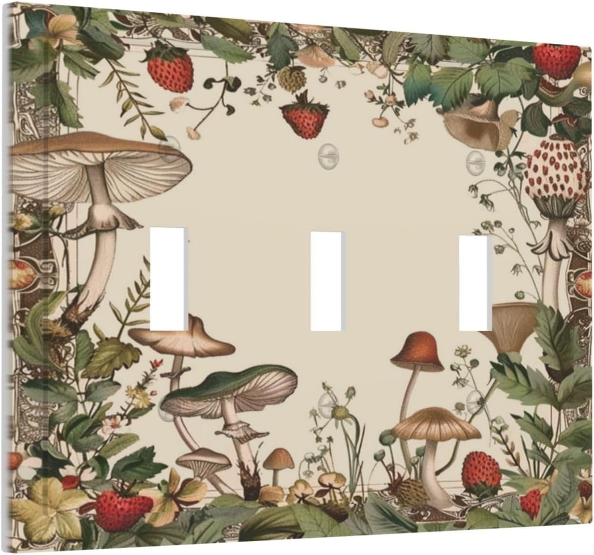 Decorative Switch Covers Plate Rustic Mushroom Garden Red Strawberry 3 Gang Artistic Wall Plate Unique Triple Toggle Light Switch Plate Jumbo Faceplate for Bedroom Home Decor