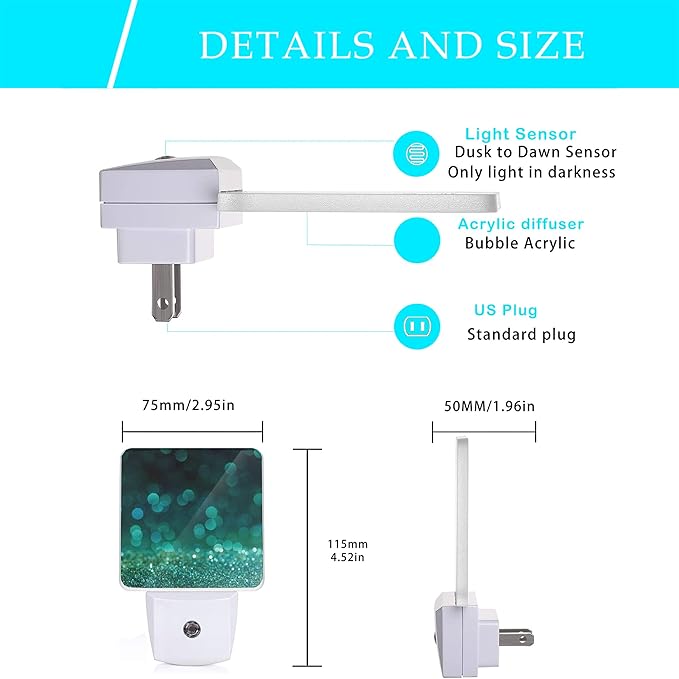 Green Glitter Night Light,Plug in Night Lights 0.5W Sleep Friendly for Boys Girls Led Night Light Dusk to Dawn Sensor Nightlight for Stairway/Hallway/Kitchen