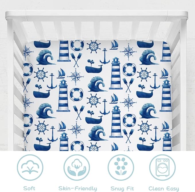 Navy and White Lighthouse Compass Whale Baby Crib Sheet 52''x28'' Nautical Life Fitted Crib Mattress Sheet for Boy Girl Nursery Bed Sheets for Standard Crib and Toddler Mattresses