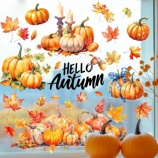 Autumn Window Decals Decorations Kit - Hello Autumn, Maple Leaf, Flower Pumpkin Designs | Reusable Static Cling for Home, Office Glass Fall Decor