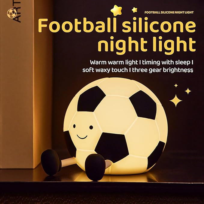 Soccer Night Light for Kids, Cartoon Soccer Lamp Squishy Silicone Baby Nursery Night Light With 3 Level Dimmable Rechargeable Bedside Lamp Nightlight Gifts for Kids Toddler Bedroom Home Office Decor