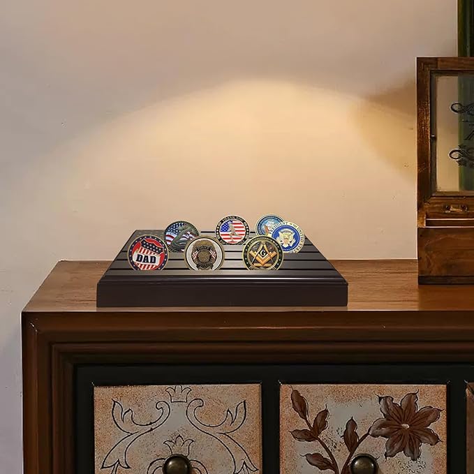 6-Row Military Challenge Coin Display Stand - Challenge Coin Holder with Rustic for Collectors Organize Medals & Memorabilia - Coin Holder for Home, Office, Showcase (Holds 30-36 Coins, American Flag ) (Black) (Black-Storage Box)