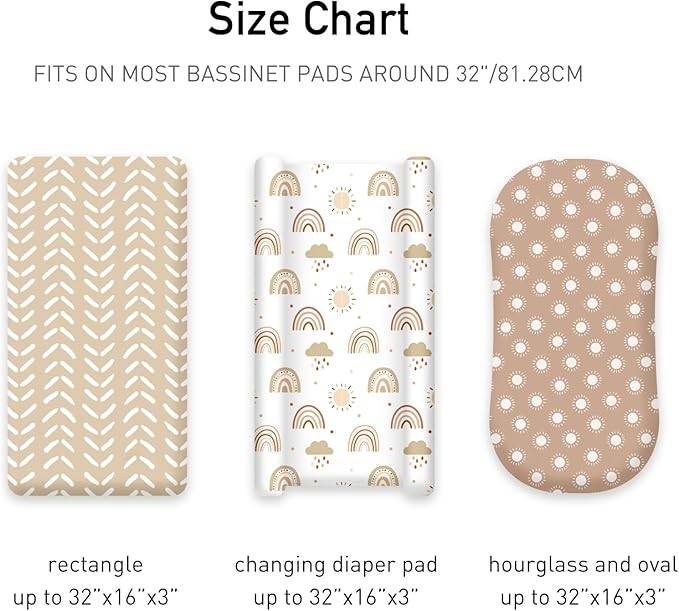 Baby Bassinet Sheets Girl Unisex - 3 Pack Safe Cradle Sheets Universal for Hourglass, Oval Rectangle Bassinet Mattresses (32" x 16") Cloud Rainbow