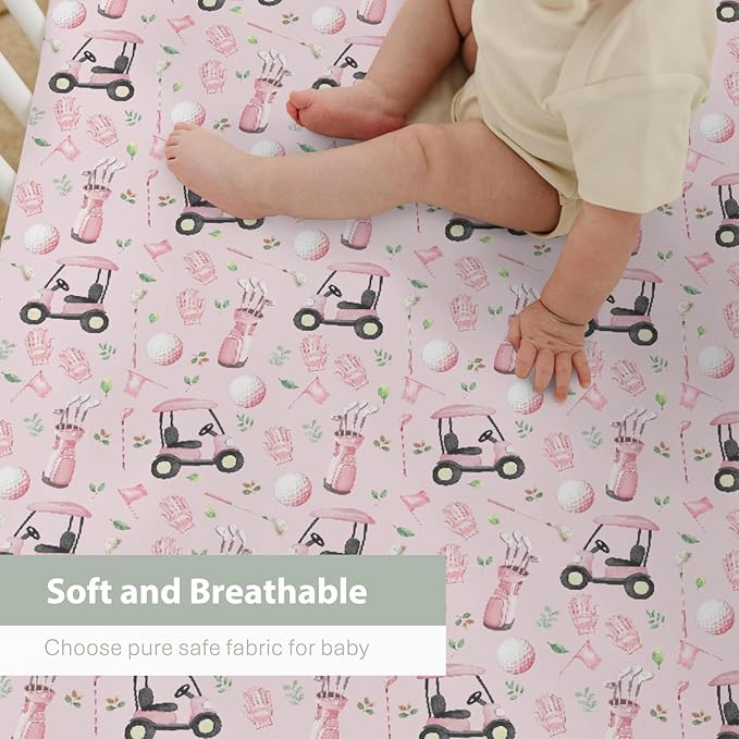 Golf Baby Crib Sheets for Boy Girl 28"x52" Sports Golfing Soft Stretchy Fitted Crib Mattress Cover Golf Lovers Gift Nursery Baby Sheet for Standard Crib and Toddler Bed Mattress Pink