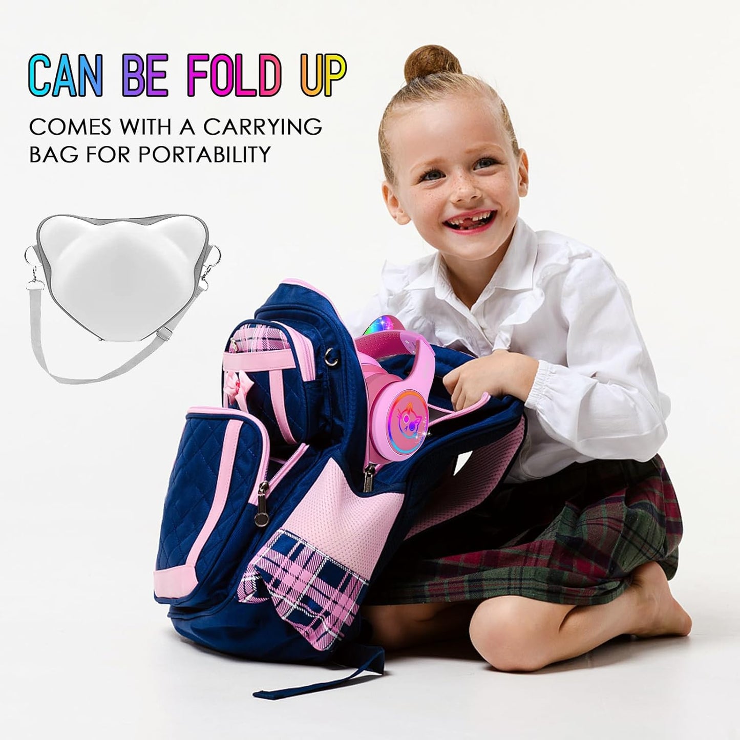 IFECCO Kids Bluetooth Headphones with Microphone,Cute Light Up Cat Ear Children Girls Wireless Headphones Volume-limiting for School Travel Gifts