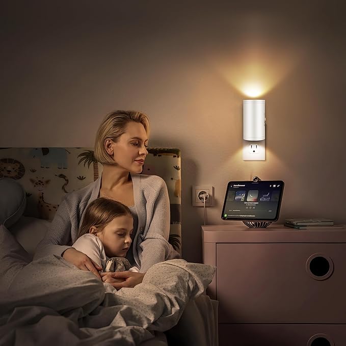 LED Plug-in Wall Night Light with Dimmable 0-300 Lumens, 2700K Warm White, Auto On/Off Light Sensor & Adjustable Head for Hallway, Stairs, Bedroom,2 Pack