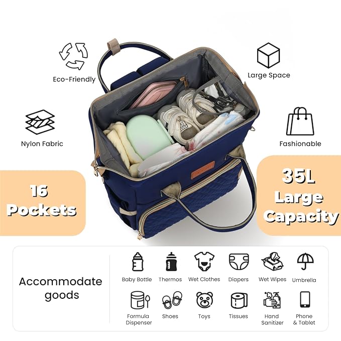 Diaper Bag Backpack with Changing Pad, Pacifier Case, Baby Bag for Boy Girl Toddler - Large, Stylish, Waterproof Travel Quilted Diaper Bag for Mom - Baby Shower - Navy Blue
