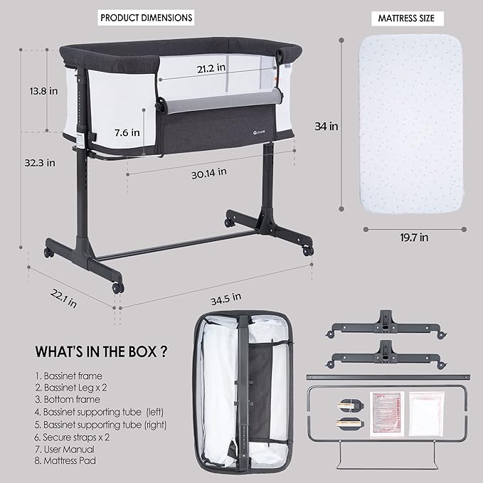 Baby Bassinet Bedside Sleeper with Wheels,Easy Folding Lightweight Crib for Baby/Infants,Breathable Mesh and Adjustable Height - Grey