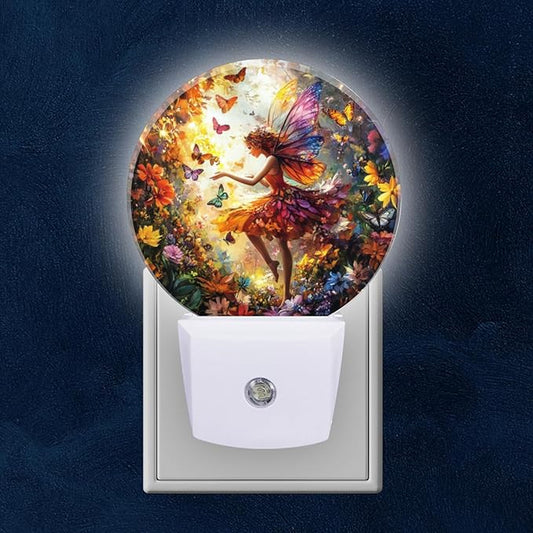 Round LED Night Lights Lamp with Dusk to Dawn Sensor, Beautiful Fairy with Colorful Wings Flying Night Light Plug Into Wall for Kids Room, Bedroom, Bathroom, Kitchen, Hallway