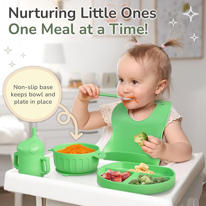 mimi & kiki BPA-Free Silicone Baby Feeding Set, Baby Plates and Bowls Set, Baby Led Weaning Supplies, Silicone Suction Plate, Baby Utensils, Bib and Cup, Self Feeding, Dishwasher Safe (Green)