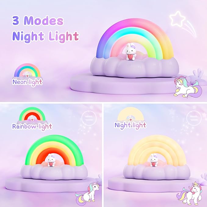 Rainbow Night Light, Kids Light with Three Mode and 30 min Timing LED Rechargeable Touch Control Neon Light for Kids Room,Nursery Night Light for Baby, Gift for Girls and Boys (Purple)