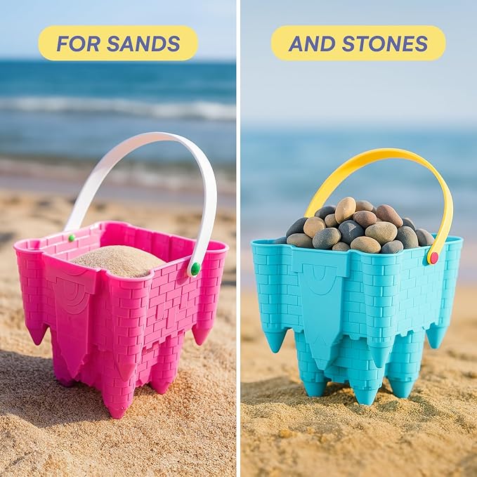 Sand Castle Building Kit, Beach Toys, Beach Bucket, Set of 4 Sand Castle Molds for Kids, Gift Toy for Ages 1 2 3 4 5 6 7 8 9, Older Kids and Toddlers, Sandcastle Building Kit Pail for Kids